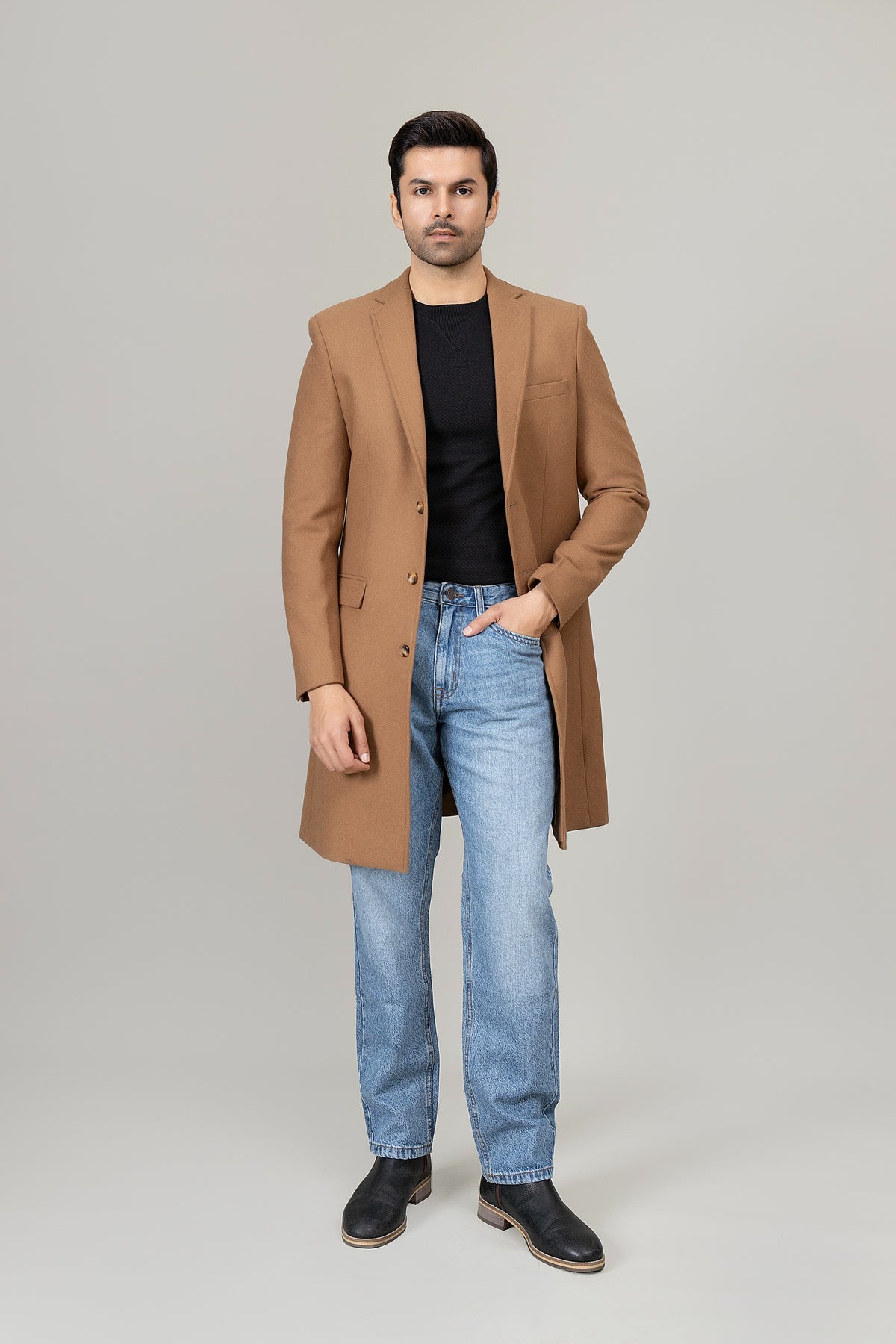 Khaki Long Plain Casual Coat