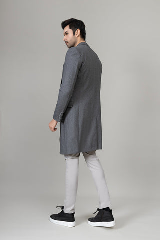 Grey Long Plain Casual Coat