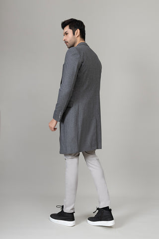 Grey Long Plain Casual Coat