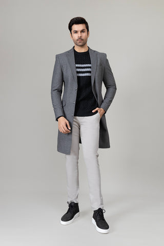 Grey Long Plain Casual Coat