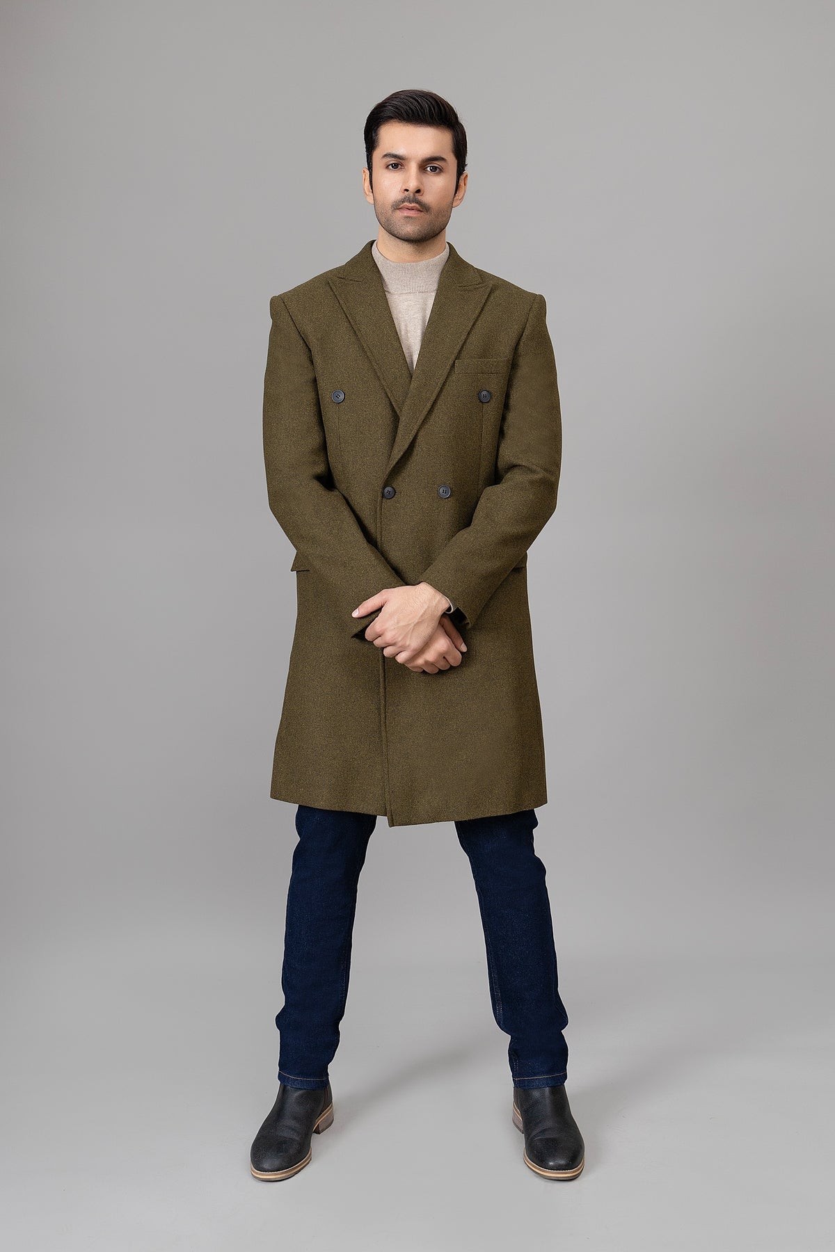 Long Plain Olive Casual Coat