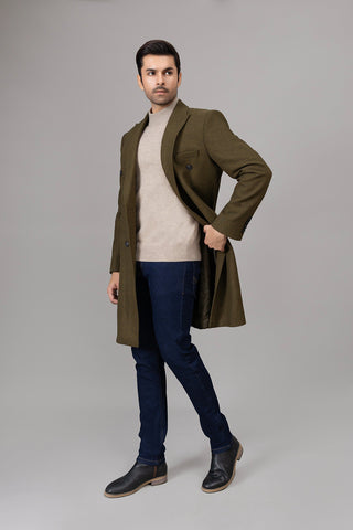 Long Plain Olive Casual Coat