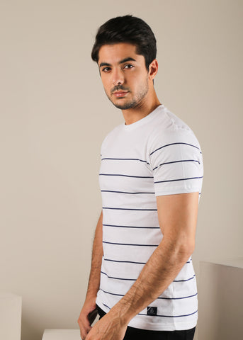 White Striped Jersey Cotton Crewneck T-Shirt