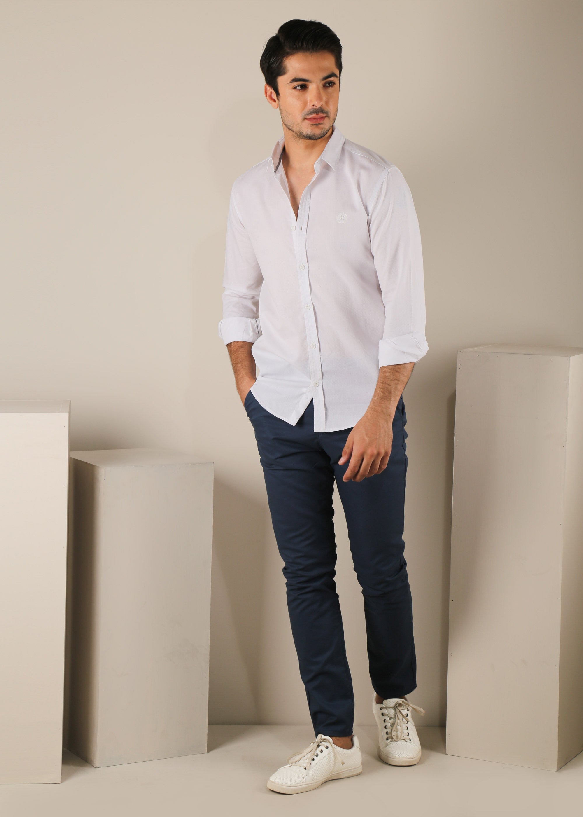White Textured Button-Up Slim-Fit Shirt